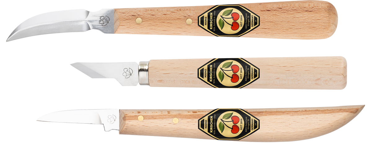 Bộ 3 dao điêu khắc Kirschen 3307000 lưỡi thép muối nóng chảy, cán sồi trắng, made in Germany