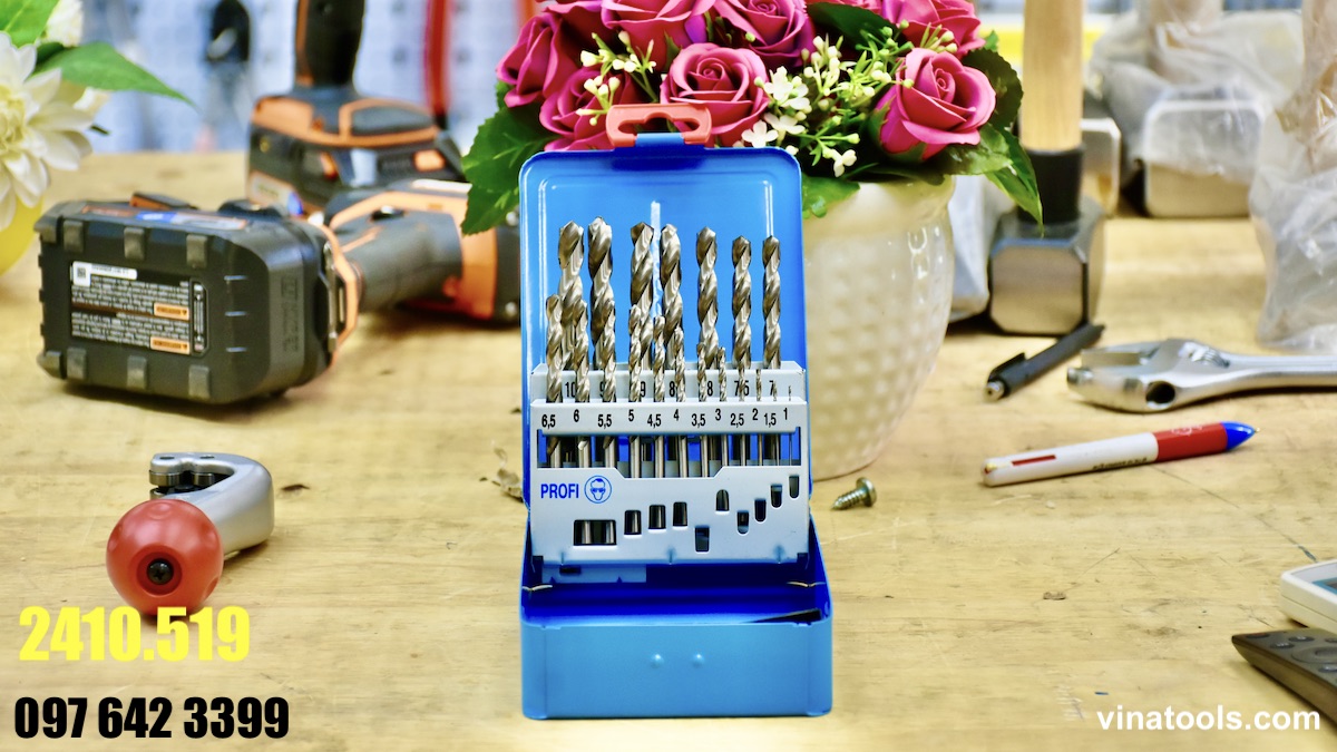 2410.519 Bộ mũi khoan kim loại 19 chi tiết được đựng trong hộp sắt