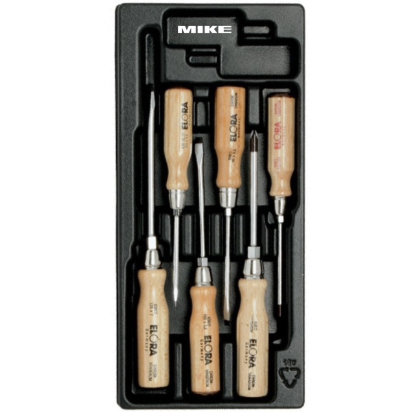 Bộ tua vít cán gỗ ELORA MS-41, 6 cây hoa thị và dẹt, khay nhựa