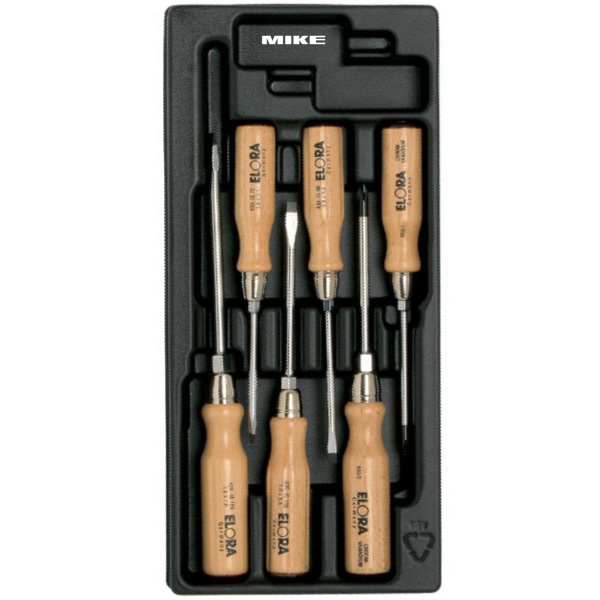 Bộ tuốc nơ vít cán gỗ ELORA MS-40, 6 cây trong khay nhựa