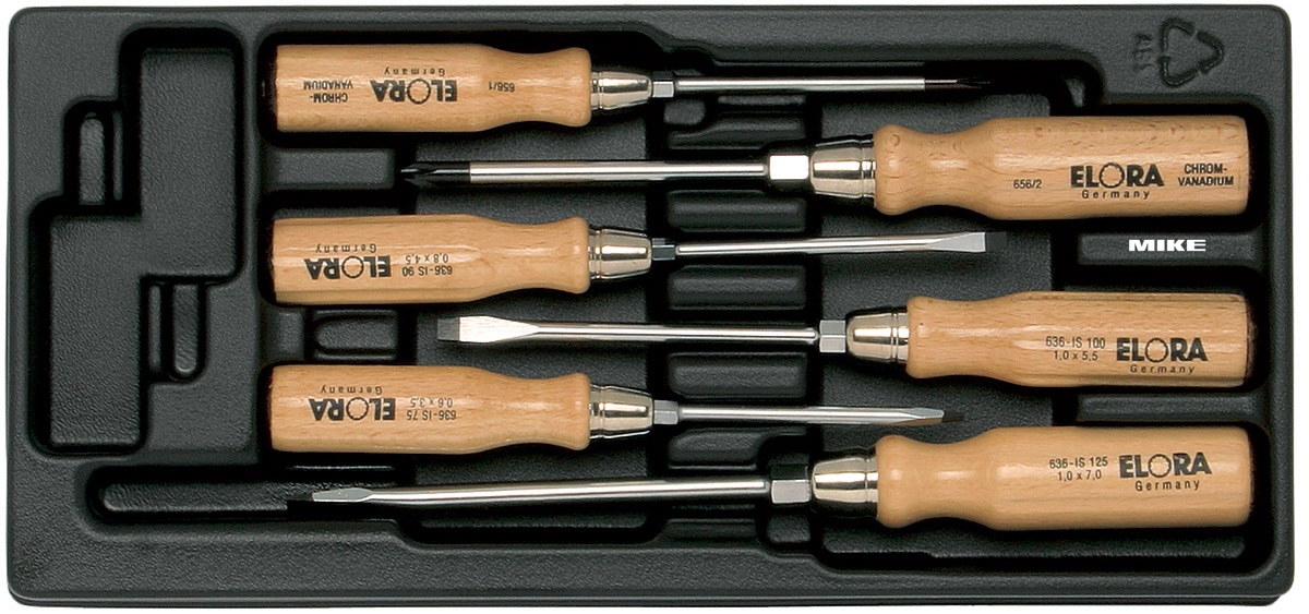 Bộ tua vít cán gỗ gồm 5 cây gốc lục lăng ELORA MS-40 - Made in Germany.
