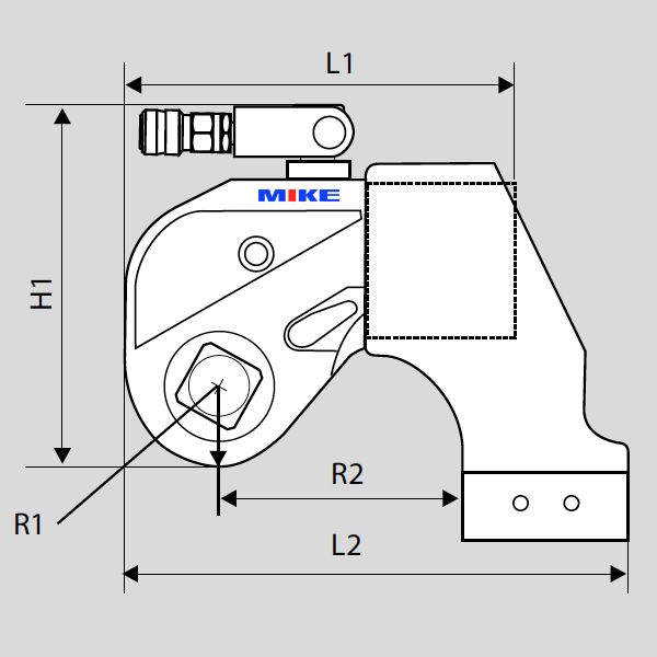 Hình chiếu đứng của đầu xiết thủy lực AT - Alkitronic