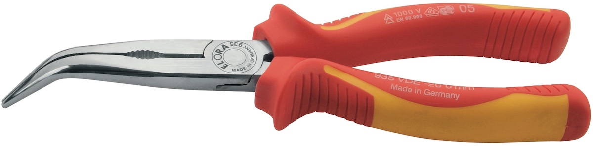 Kềm mũi nhọn cán bọc cách điện 1000V đầu cong 90 độ. ELORA 935-45
