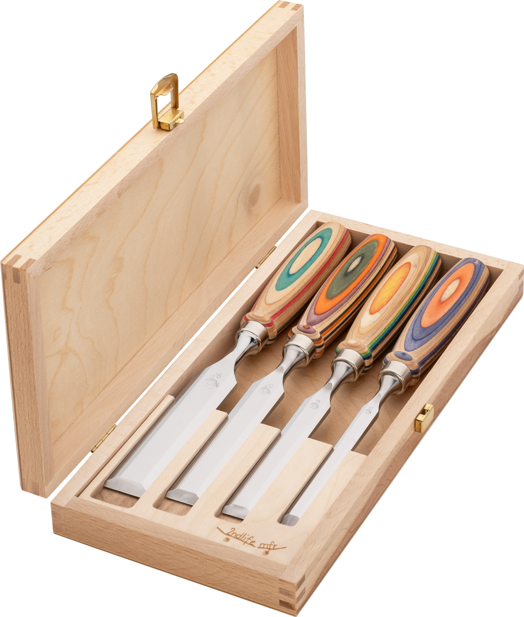 Stechbeitelsatz W.I.N.A.C im Holzkasten | 4-teiligmit Skateboardheften