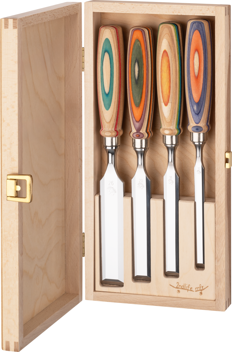 Stechbeitelsatz W.I.N.A.C im Holzkasten | 4-teiligmit Skateboardheften thumbnail 2