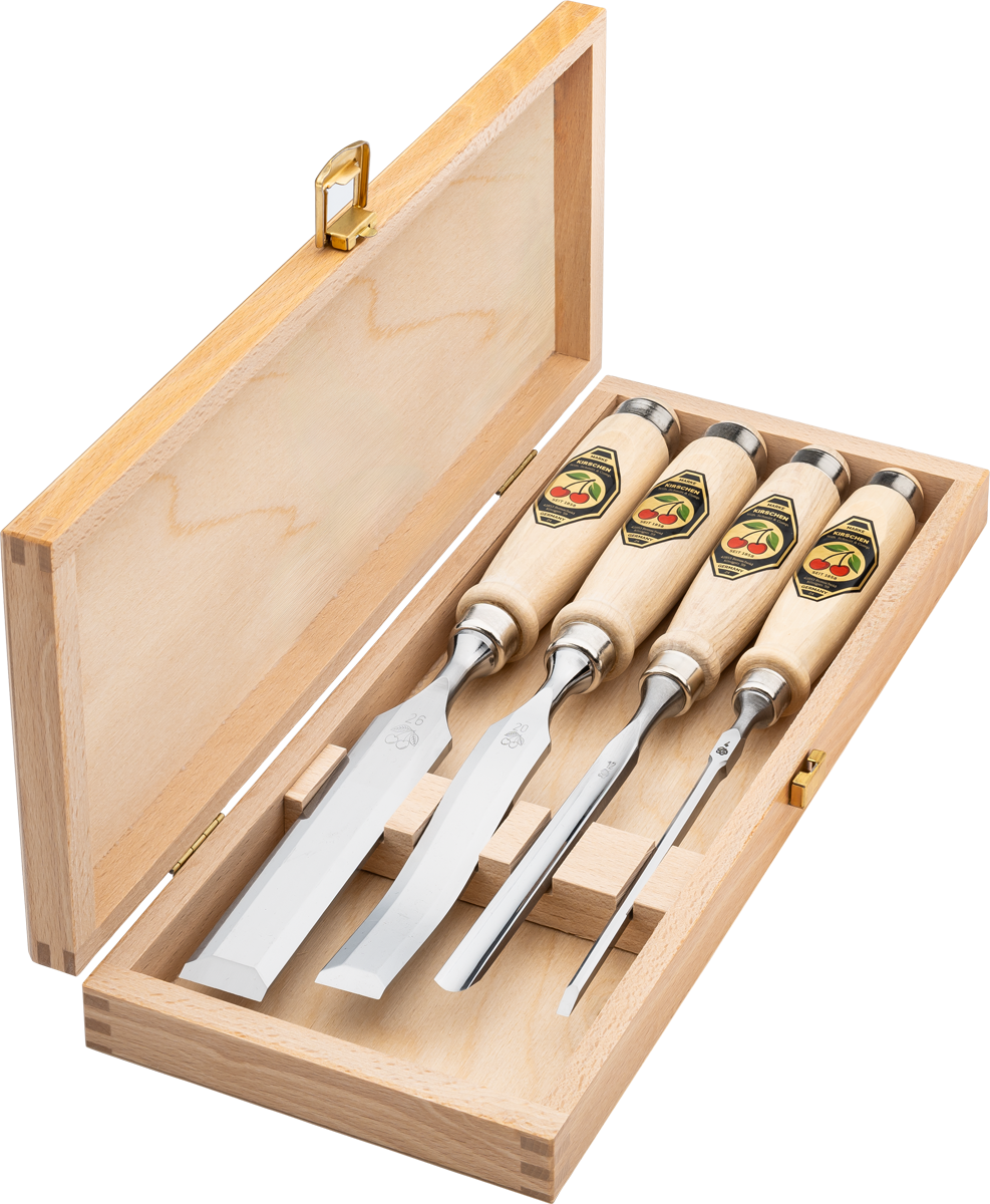 Stechbeitelsatz mit Weißbuchenheft | 4-teiligim Holzkasten