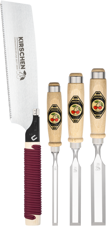 Stechbeitelsatz + Japansäge im Kartonmit Weißbuchenheft