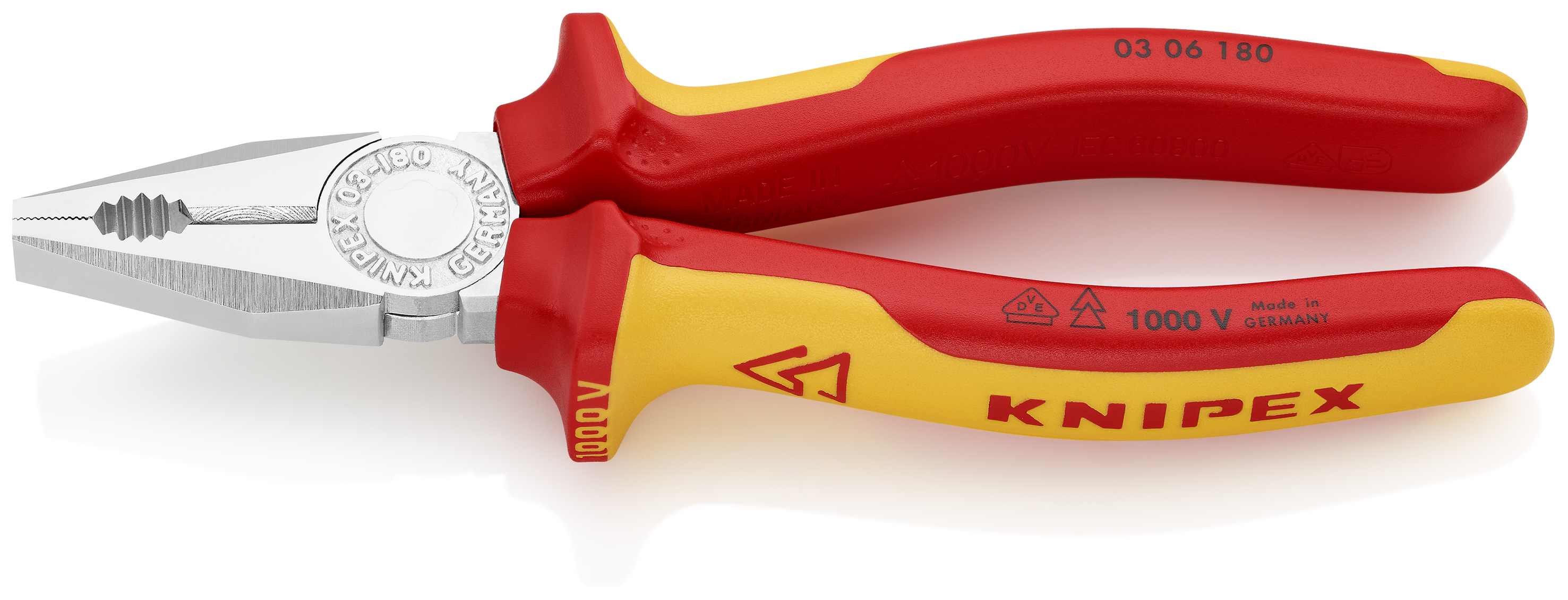 KNIPEX 03 06 180 Combination Pliers 180 mm chrome-plated insulated with multi-component grips, VDE-tested chrome-plated