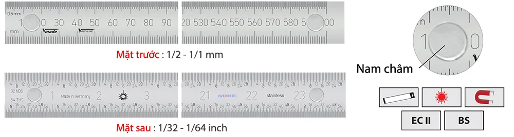 Thước lá bản rộng 1026433, từ tính, vạch chia mm/inch trước sau