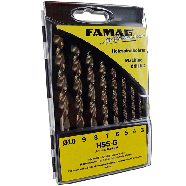 Bộ mũi khoan gỗ HSS-G FAMAG 1594.8, đựng trong hộp nhựa