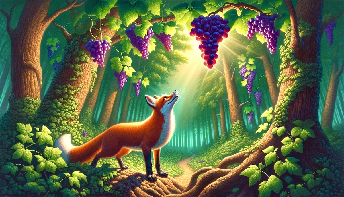 Con cáo với chùm nho: nho còn xanh lắm, chưa ăn được.