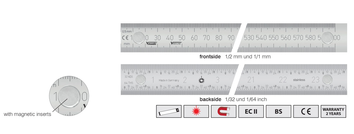 1026433 Series Thước lá bản rộng có từ tính, vạch chia mm/inch trước sau