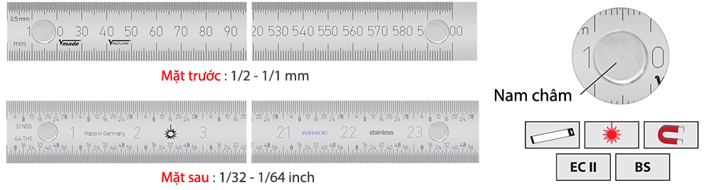 Thước lá bản rộng 1026433, từ tính, vạch chia mm/inch trước sau