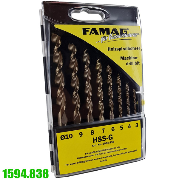 Bộ mũi khoan gỗ HSS-G FAMAG 1594.8, đựng trong hộp nhựa