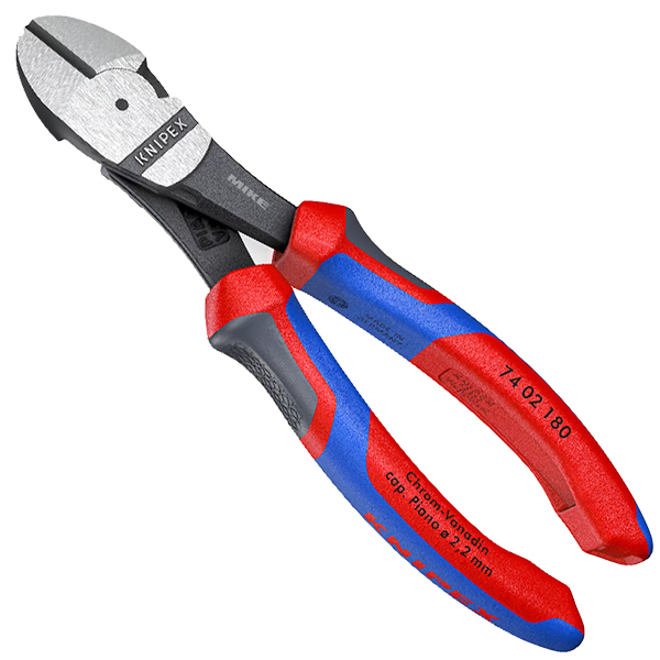 Kìm cắt cạnh cường lực Knipex  74 02 180, đầu kìm mạ chrome cán bọc PVC nhám. Cắt dây cứng vừa Ø3.8mm, dây cứng Ø2.7mm, dây piano Ø2.2mm