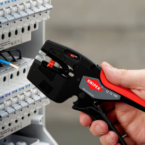 Kìm bấm tuốt dây Knipex 12 72 190 dùng cơ cấu bánh cóc, đảm bảo chu trình ép cos đầy đủ và ổn định lực.