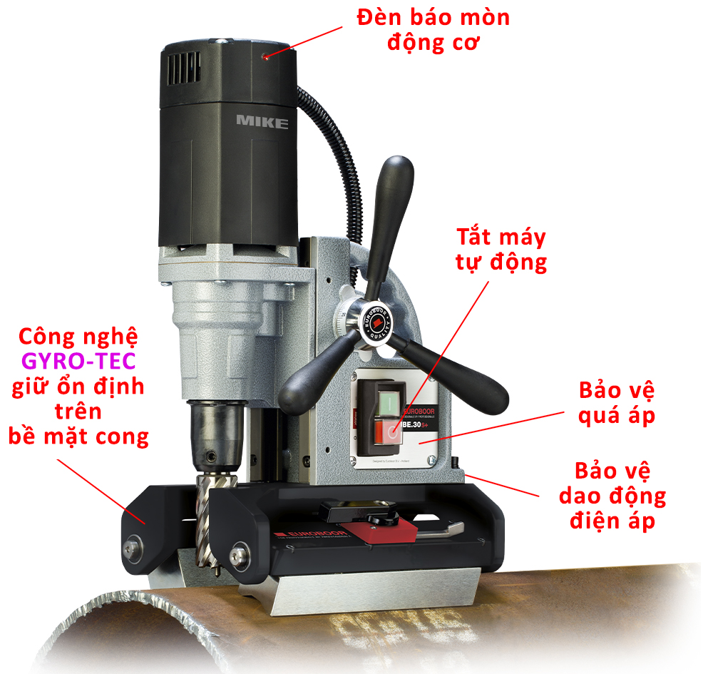 Máy khoan từ Euroboor TUBE.30S+ sử dụng nam châm vĩnh cửu, không cần cấp điện, đảm bảo giữ chắc kể cả khi mất nguồn. Thiết kế này đặc biệt phù hợp cho các ứng dụng thi công trên cao hoặc nơi điện không ổn định.