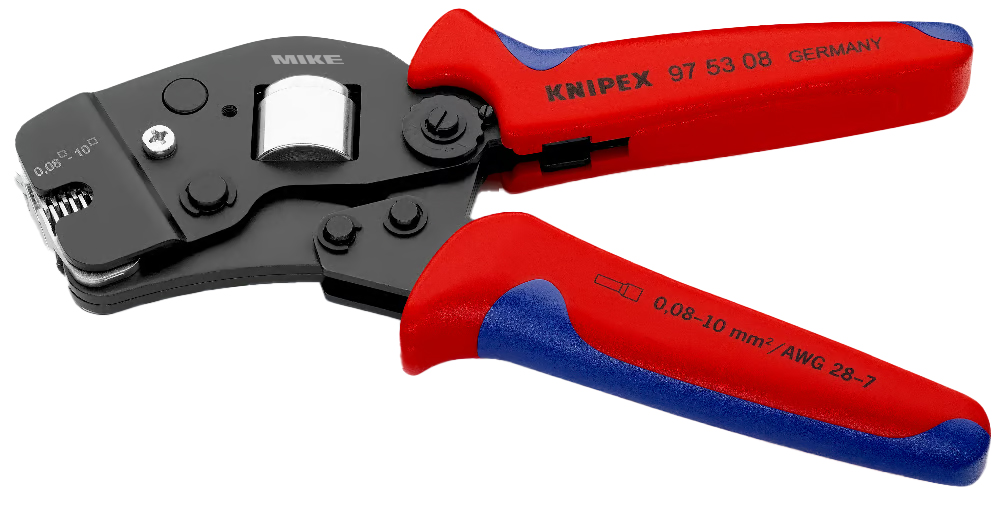 Kìm bấm cos tự điều chỉnh Knipex 97 53 08 bấm cos từ 0.08–10 mm², nạp cos từ trước, có khóa áp lực, hỗ trợ cos đôi, đạt chuẩn DIN 46228 và UL.