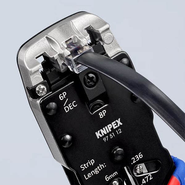 Knipex 97 51 12 dùng bấm đầu RJ10, RJ11, RJ45 cho cáp mạng CAT, tích hợp cắt và tuốt dây.